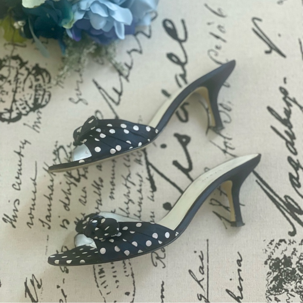 Pesáro Jaynie Navy Polka Dot Kitten Heel Open Toe Sandals with Bow 7.5 - Picture 9 of 10